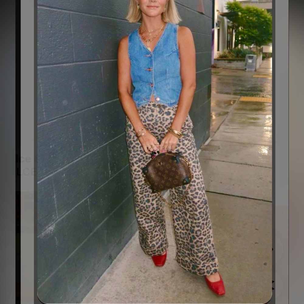 Brown black leopard cheetah denim jean like straight / wide pants - Picture 3 of 5